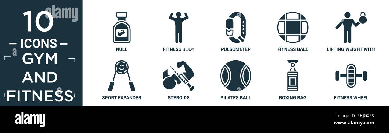 jeu d'icônes de gym et de fitness rempli. contient vide plat, corps de fitness, pulsomètre, ballon de fitness, poids de levage avec bras droit, expandeur de sport, stéroïdes, p Illustration de Vecteur