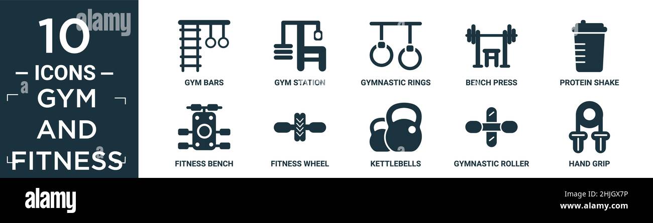 ensemble d'icônes de fitness et de salle de gym. contient des barres de gym plates, un poste de gym, des anneaux de gymnastique, une presse pour paillasse, un shake aux protéines,banc de fitness, roue de fitness, bouilloire Illustration de Vecteur