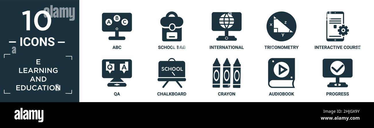 ensemble d'icônes d'apprentissage et d'éducation. contient abc plat, sac d'école, international, trigonométrie, cours interactif,qa, tableau noir, crayon, audio Illustration de Vecteur
