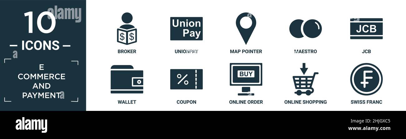 ensemble d'icônes de commerce électronique et de paiement. contient un courtier à plat, unionpay, pointeur de carte, maestro, jcb,portefeuille, coupon, commande en ligne, achats en ligne, suisse Illustration de Vecteur