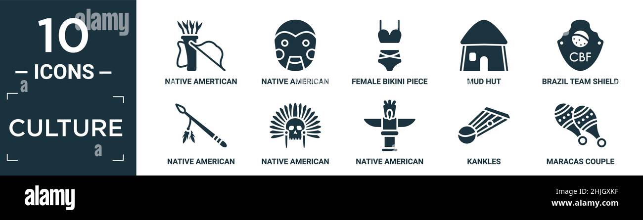 ensemble d'icônes de culture remplies. contient des flèches et un quiver amérindiens plats, un masque amérindien, un maillot féminin, une hutte de boue, un bouclier de l'équipe brésilienne,nati Illustration de Vecteur