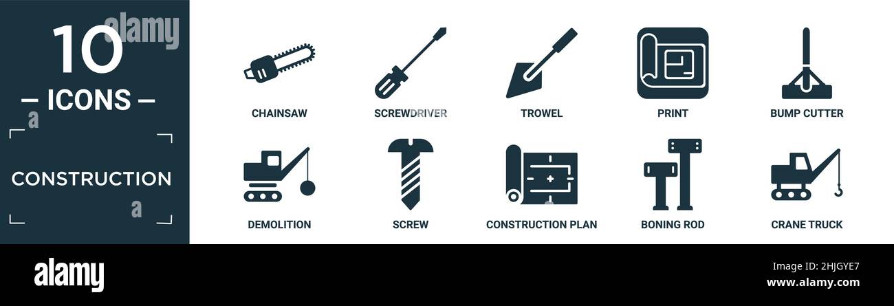 jeu d'icônes de construction remplies. contient une tronçonneuse plate, un tournevis, une truelle, un imprimé, une fraise à chocs,démolition, vis, plan de construction, tige de désossage, grue Illustration de Vecteur