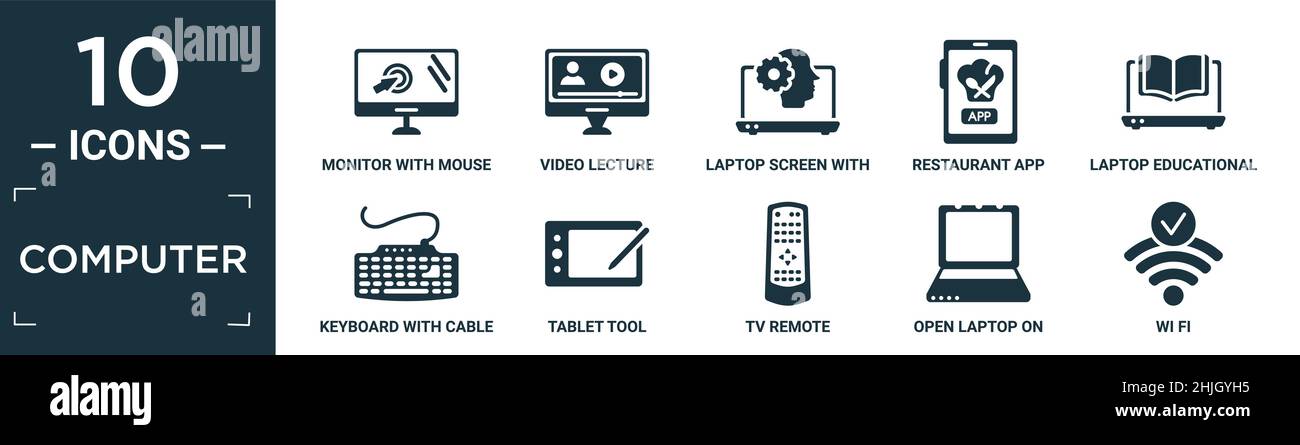 ensemble d'icônes d'ordinateur remplies. contient un écran plat avec curseur de souris, vidéo conférence, écran d'ordinateur portable avec graphique de la tête humaine, application de restaurant, ordinateur éducatif Illustration de Vecteur