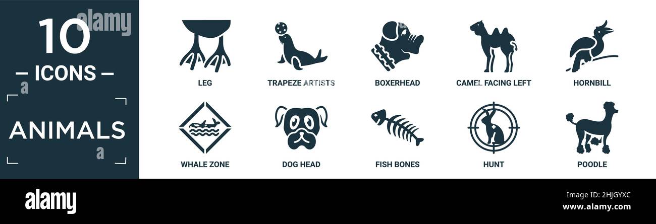 jeu d'icônes animaux plein. contient des jambes plates, des artistes de trapèze, une tête de boxer, un chameau orienté à gauche, un charme,zone de baleine, tête de chien, os de poisson, chasse, pico de coodle Illustration de Vecteur