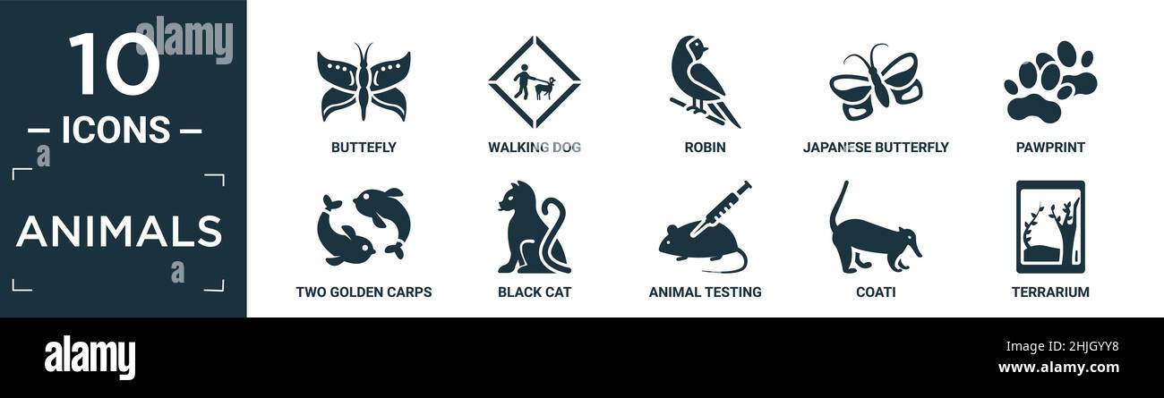 jeu d'icônes animaux remplis. contient une mouche à mouches plate, un chien de marche, un chien rouge-gorge, un papillon japonais, un imprimé pawprint,deux carpes d'or, chat noir, test d'animaux, coati, Illustration de Vecteur