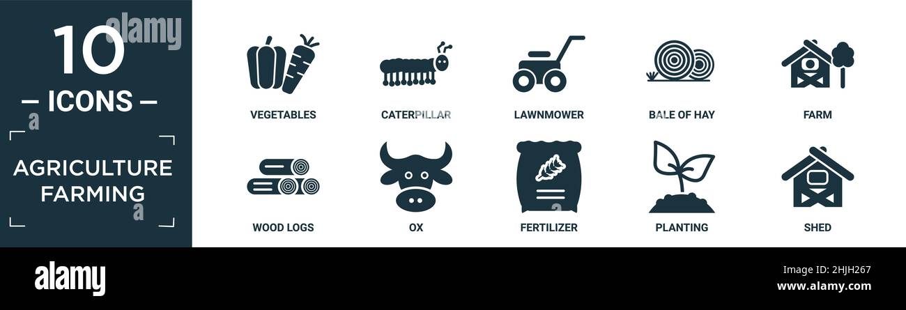 jeu d'icônes d'agriculture fourrée contenant des légumes plats, de la chenille, du robot de tonte, de la balle de foin, de l'exploitation agricole,grumes de bois, boeuf, engrais, plantation, verser l'ico Illustration de Vecteur