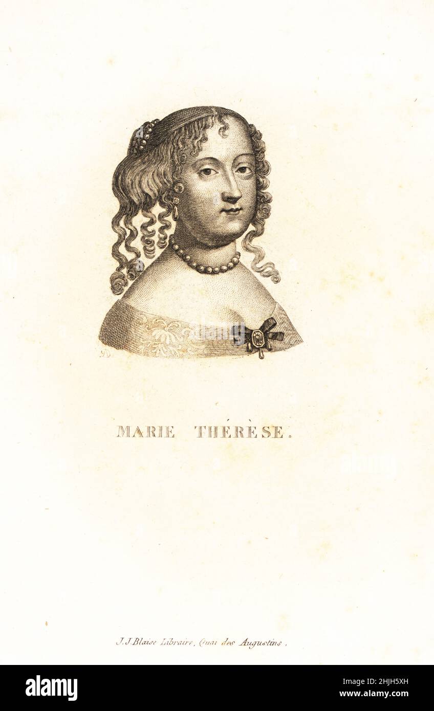 Portrait de Maria Thérèse d'Espagne, Marie-Thérèse d'Autriche, 1638-1683, Infanta d'Espagne et du Portugal et Archduchesse d'Autriche, Reine de France et Navarre.Marie Thérèse.Gravure sur plaque de coperplate par A.D. après Jean Nocret de Marie de Rabutine-Chantal Sévigne Collection des Portraits du Vingt de la Siecle de Louis XIV, Collection de 20 Portraits du siècle du roi Louis XIV, J.J.Blaise, libreire, Quai des Augustins, Paris, 1818. Banque D'Images