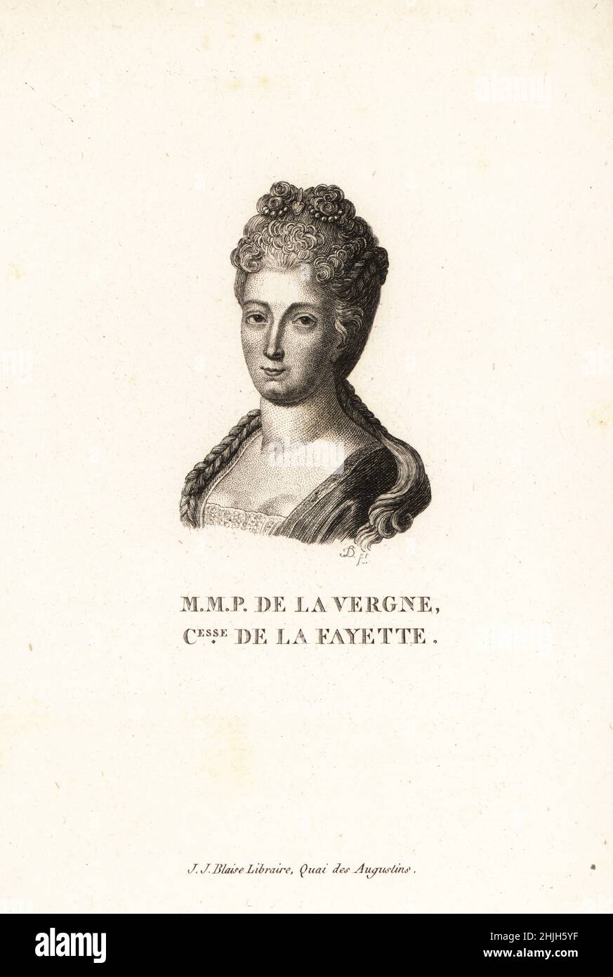 Marie-Madeleine Pioche de la Vergne, écrivaine française, 1634-1693.Madame de la Fayette MMP de la Vergne, Comtesse de la Fayette.Gravure sur plaque de coperplate de D de Marie de Rabutine-Chantal Sévigne Collection des Portraits du Vingt de la Siecle de Louis XIV, Collection des 20 Portraits du siècle du roi Louis XIV, J.J.Blaise, libreire, Quai des Augustins, Paris, 1818. Banque D'Images