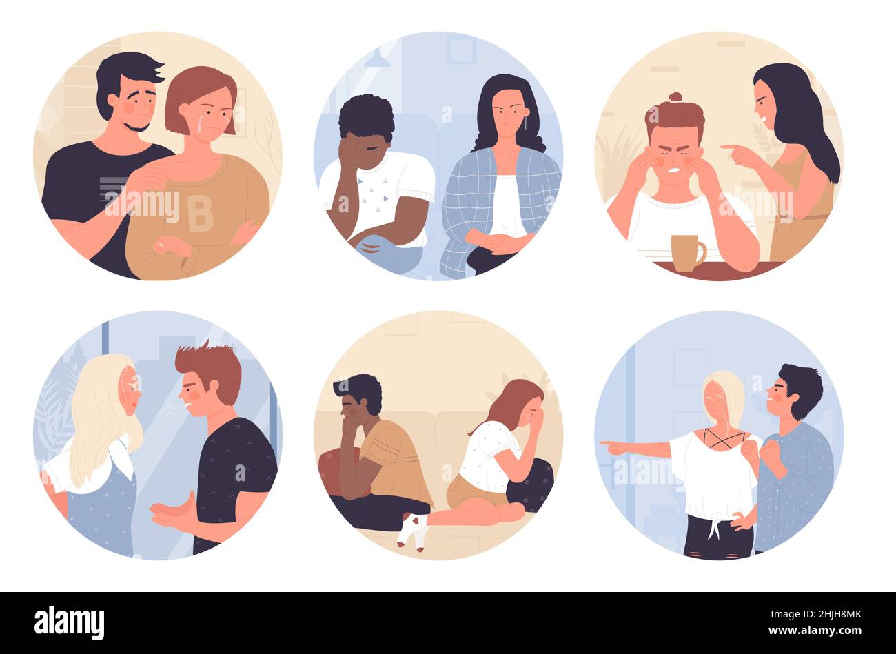 Couple de femmes et d'hommes querelles dans l'avatar rond ensemble scénario illustration.Caricature de la femme en colère et le mari se quereling, marié triste deux personnes malheureuses avec le problème dans la relation.Concept de divorce Illustration de Vecteur