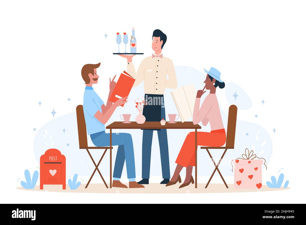 Un couple charmant célébrant la Saint-Valentin lors d'un dîner romantique au restaurant.Célébration de l'amour et belle relation vecteur plat illustration Illustration de Vecteur