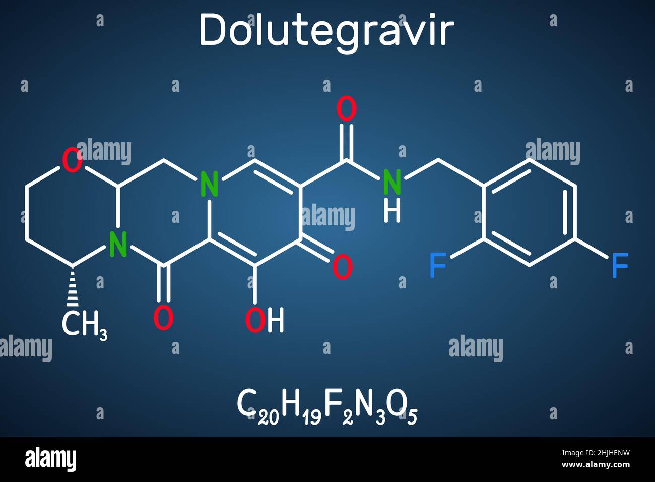 Molécule de Dolutegravirpedci.Il s'agit d'un agent antiviral utilisé pour le traitement des infections par le virus de l'immunodéficience humaine de type 1, VIH-1.Produit chimique structurel pour Illustration de Vecteur