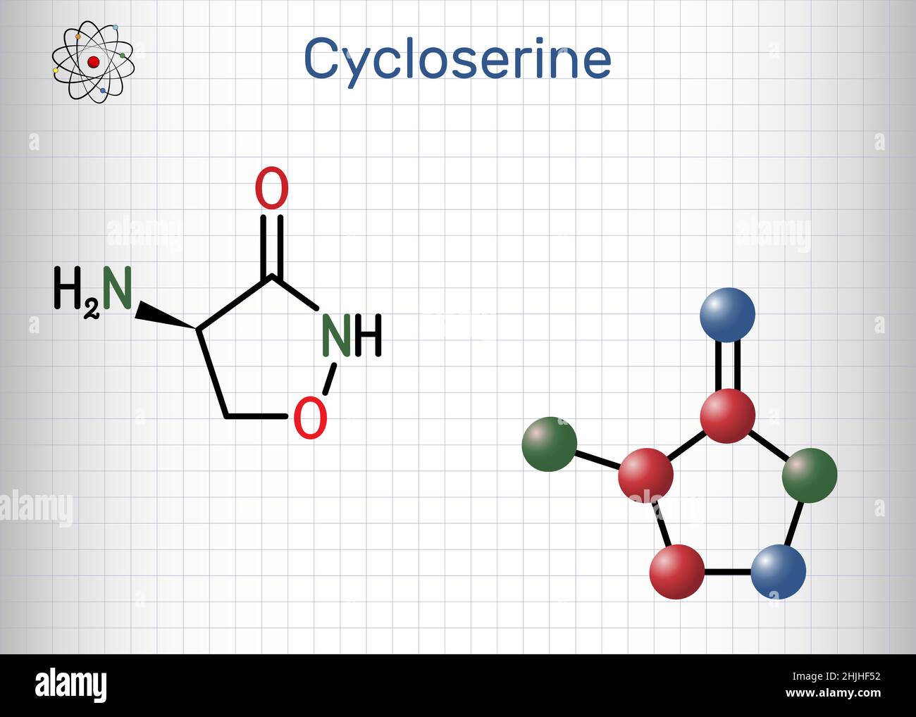 Molécule de cyclosérine.Il s'agit d'un antibiotique à large spectre utilisé dans le traitement de la tuberculose et de certaines infections urinaires (IUC).Structure che Illustration de Vecteur