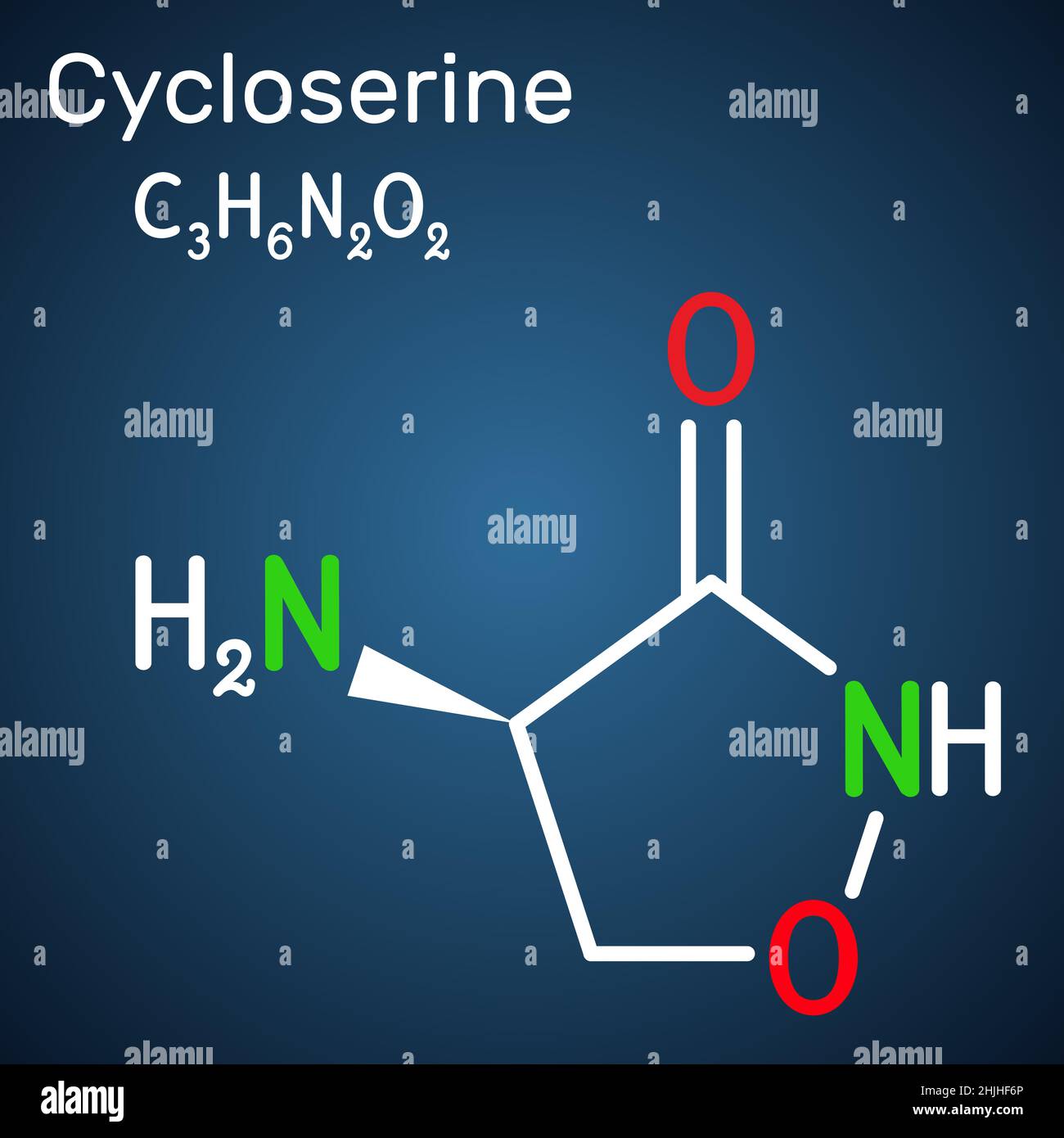 Molécule de cyclosérine.Il s'agit d'un antibiotique à large spectre utilisé dans le traitement de la tuberculose et de certaines infections urinaires (IUC).Structure che Illustration de Vecteur