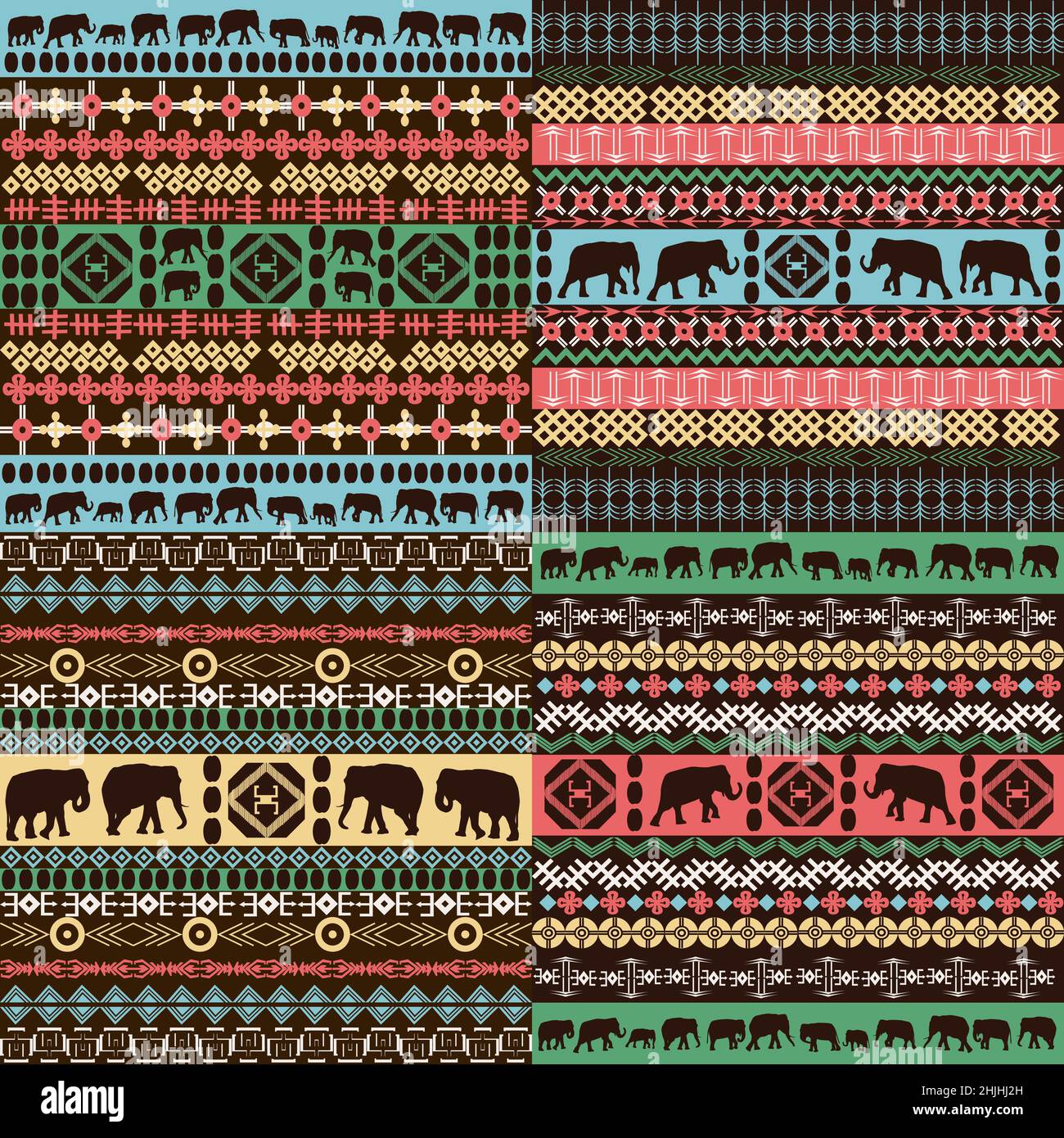 Motifs africains colorés avec silhouettes d'éléphants Illustration de Vecteur