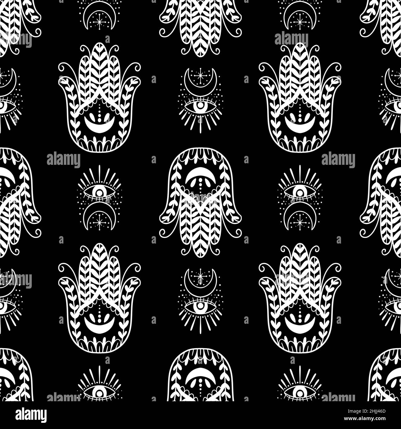 Mystic modèle sans couture hamsa et symbole de l'œil mal.magie ésotérique amulette occulte.Abstract style dessiné à la main. Illustration de Vecteur