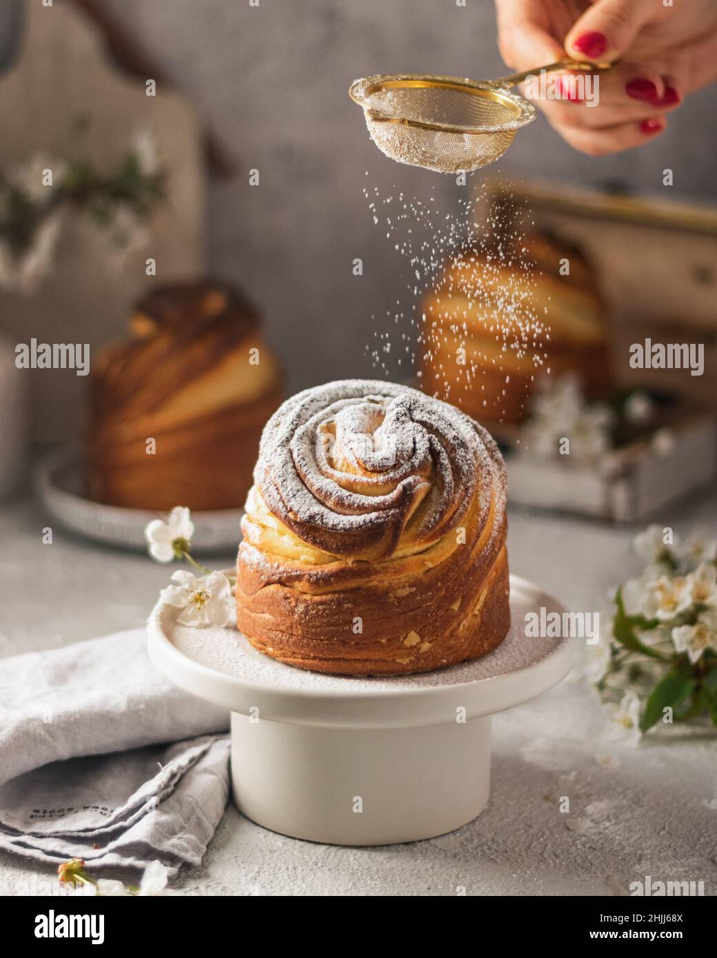 Joyeuses Pâques.Gâteau traditionnel de Pâques, kraffin maison avec raisins secs, fruits confits .cerisier fleuri sur fond blanc beton.Selective focus.Close u Banque D'Images