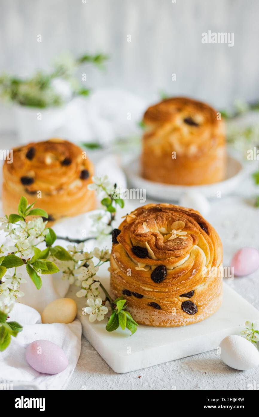 Joyeuses Pâques.Gâteau traditionnel de Pâques , kraffin maison avec raisins secs, fruits confits .cerisier sur fond de bois blanc.Focus sélectif.Close Banque D'Images