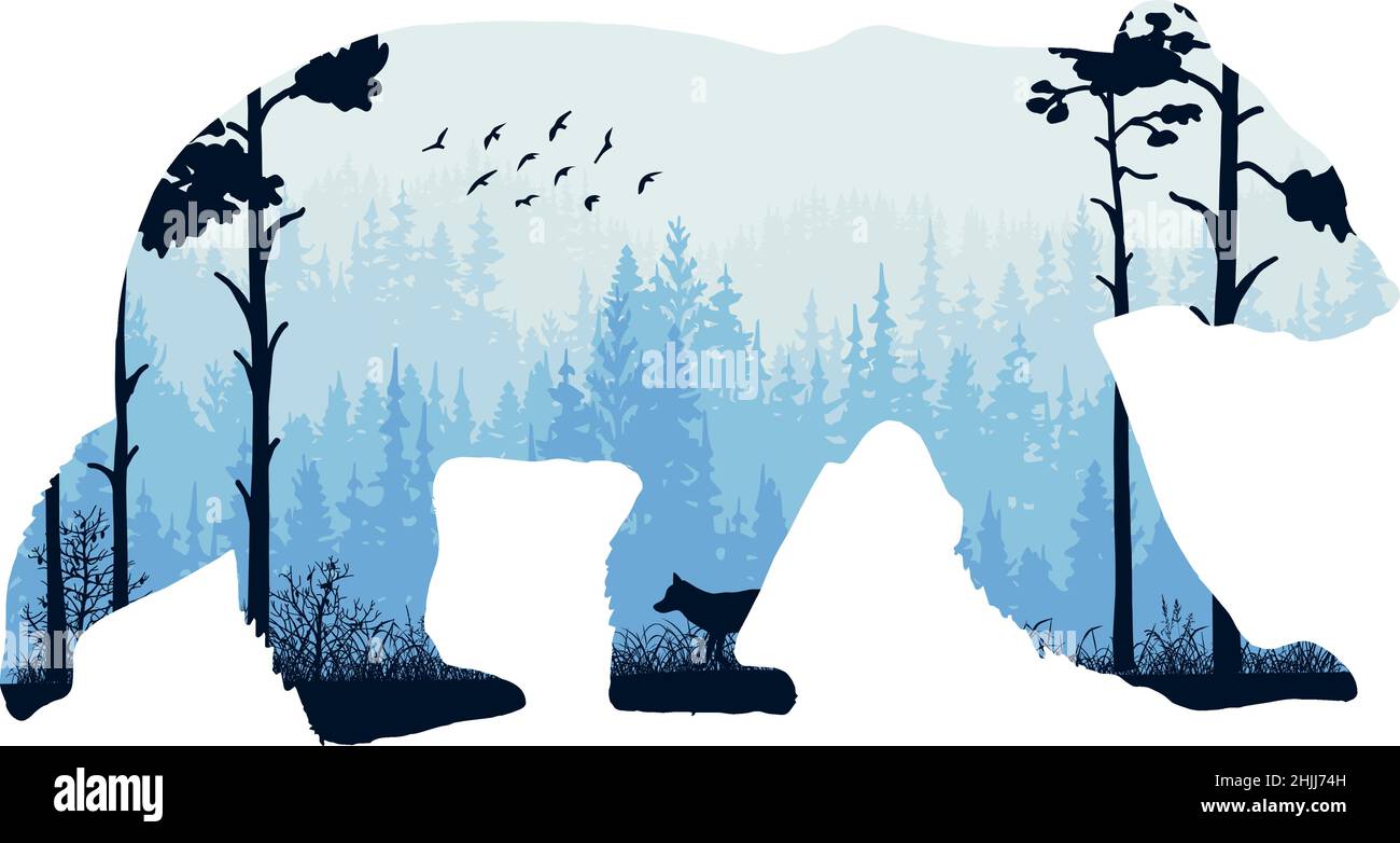 Forêt de brume magique dans la silhouette d'ours. Arbres, renard sur prairie dans l'herbe, oiseaux. Illustration de paysage sauvage bleu et noir. Animal isolé sur blanc. Illustration de Vecteur