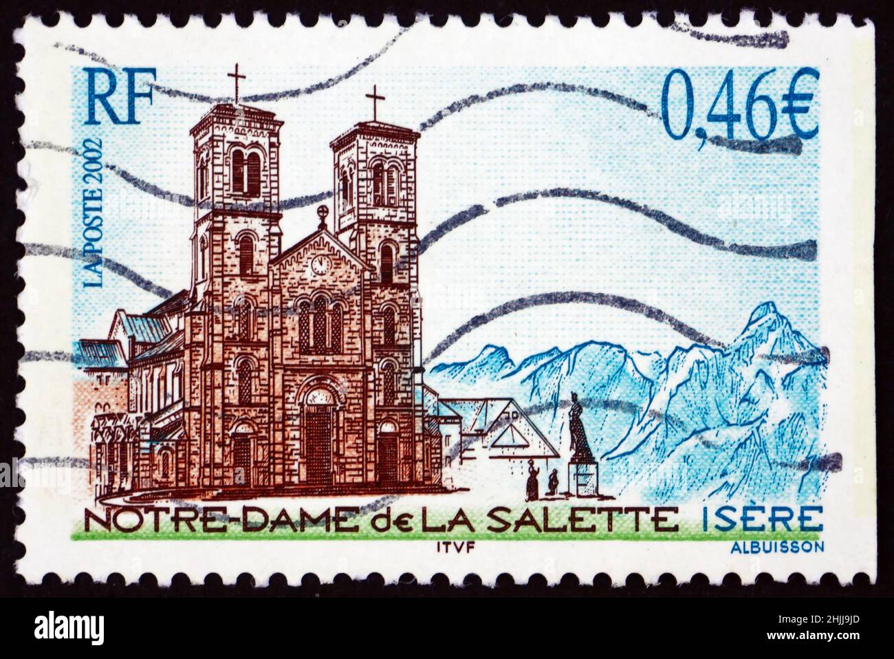 FRANCE - VERS 2002 : un timbre imprimé en France montre la basilique notre-Dame de la Salette, 150th anniversaire du pèlerinage, vers 2002 Banque D'Images