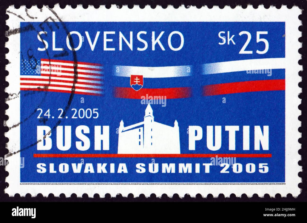 SLOVAQUIE - VERS 2005: Timbre imprimé en Slovaquie consacré à la réunion au sommet des présidents George W. Bush et Vladimir Poutine, vers 2005 Banque D'Images
