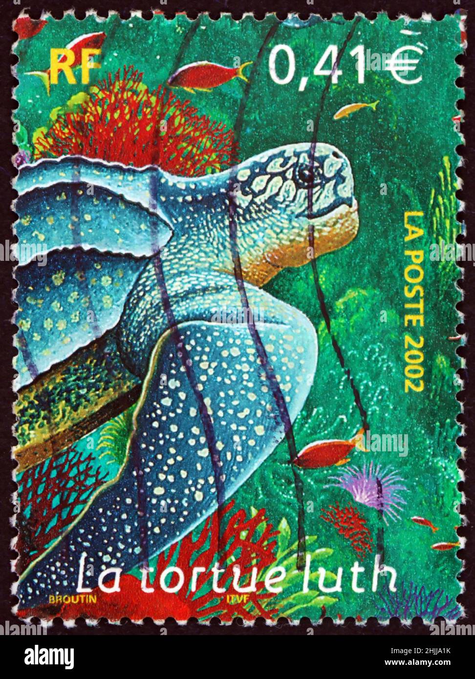 FRANCE - VERS 2002 : un timbre imprimé en France montre la tortue luth, dermochelys coriacea, la plus grande de toutes les tortues vivantes, vers 2002 Banque D'Images