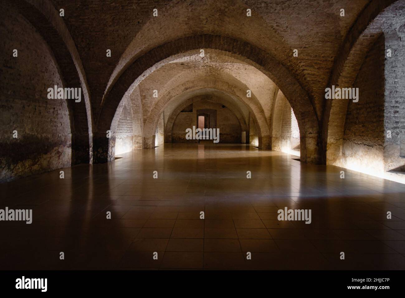 Cave vide avec lumière électrique et anciennes arches historiques Banque D'Images