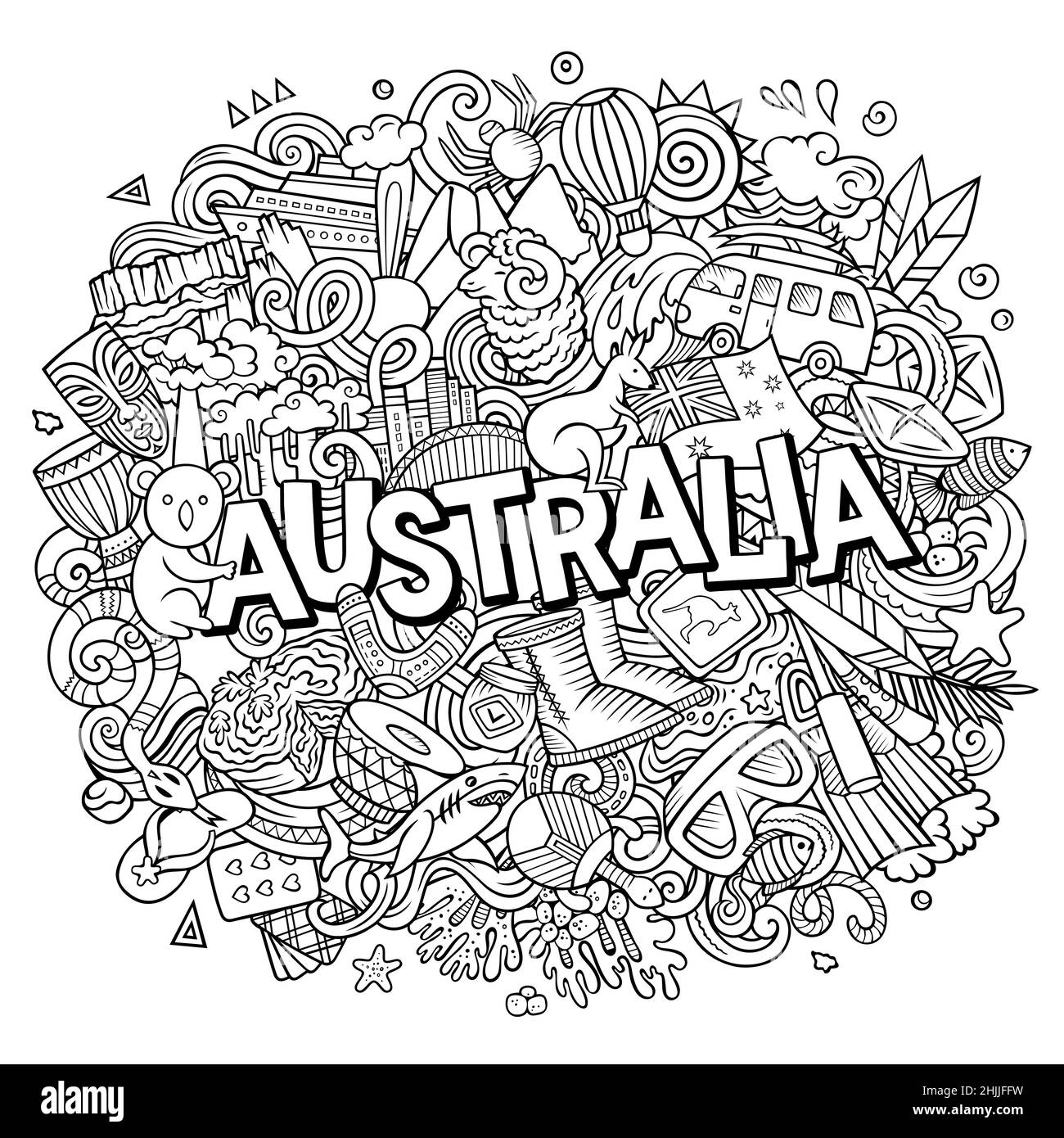 Illustration d'un dessin animé à la main de l'Australie.Design australien amusant.Arrière-plan vectoriel créatif.Texte manuscrit avec éléments de pays d'Océanie Illustration de Vecteur