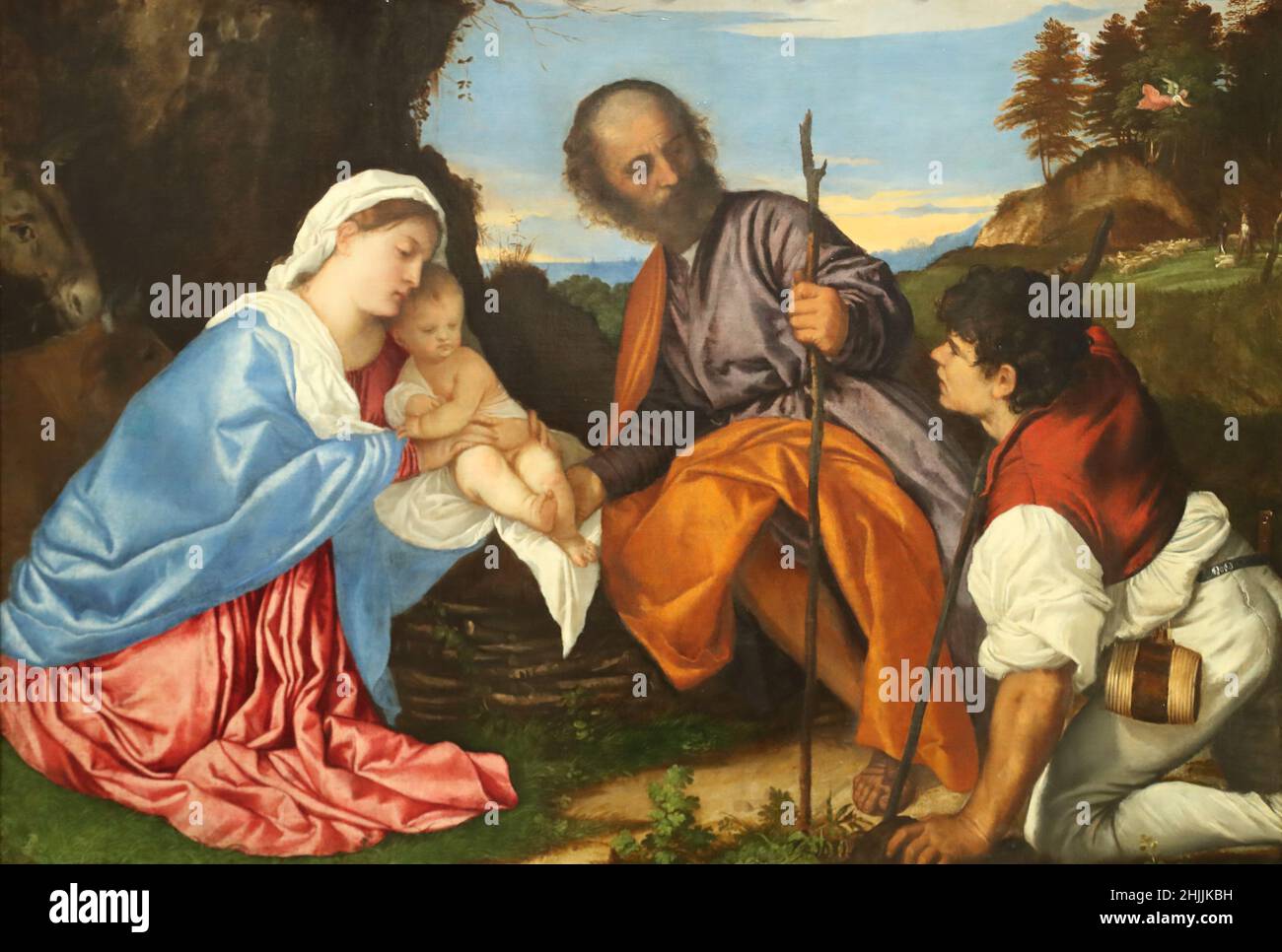 La Sainte famille avec un berger du peintre italien de la Renaissance Titien à la National Gallery, Londres, Royaume-Uni Banque D'Images