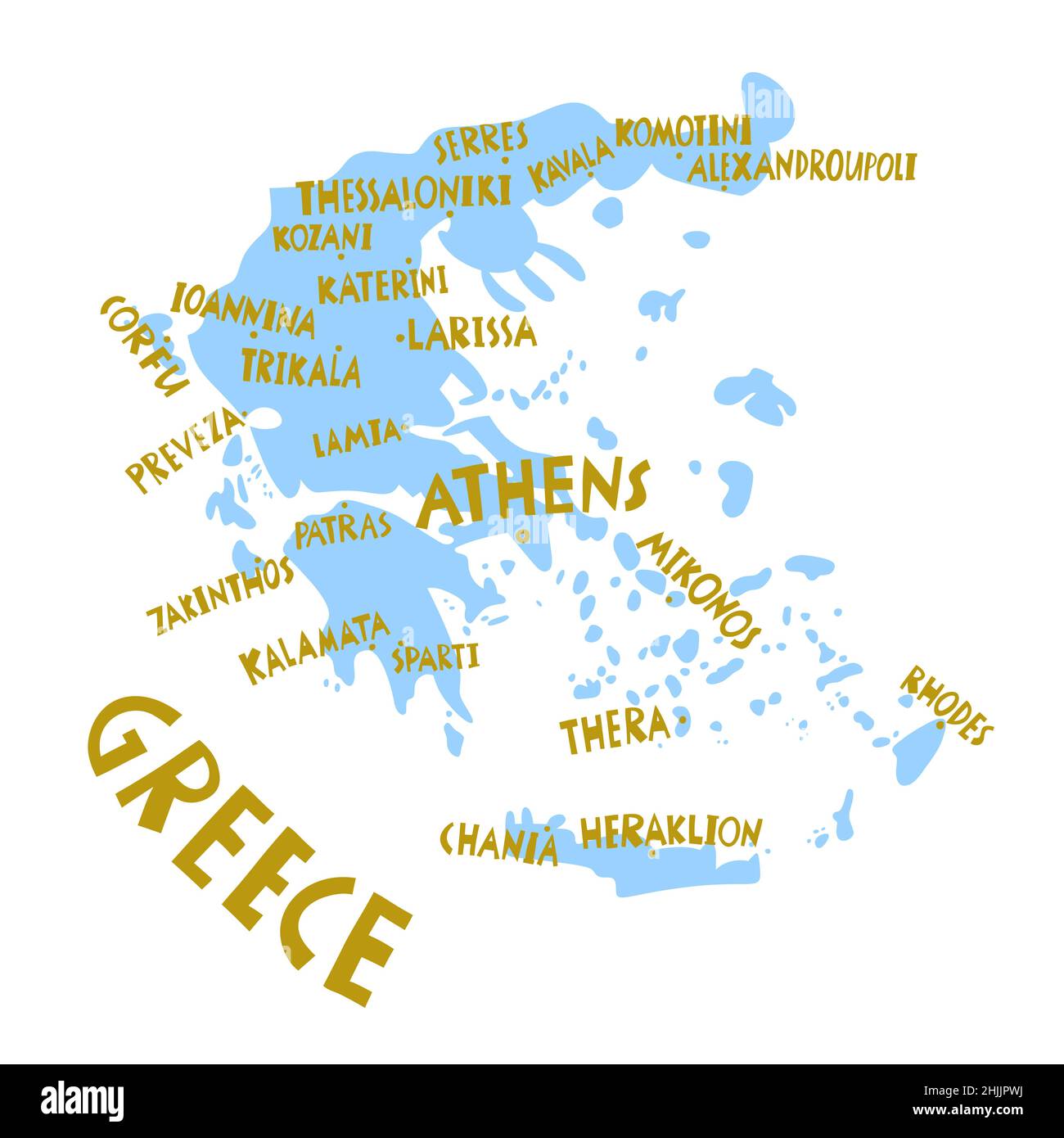 Carte vectorielle stylisée à la main des villes de Grèce.Illustration de voyage.Illustration de la géographie de la République hellénique.Elément de carte Europe Illustration de Vecteur