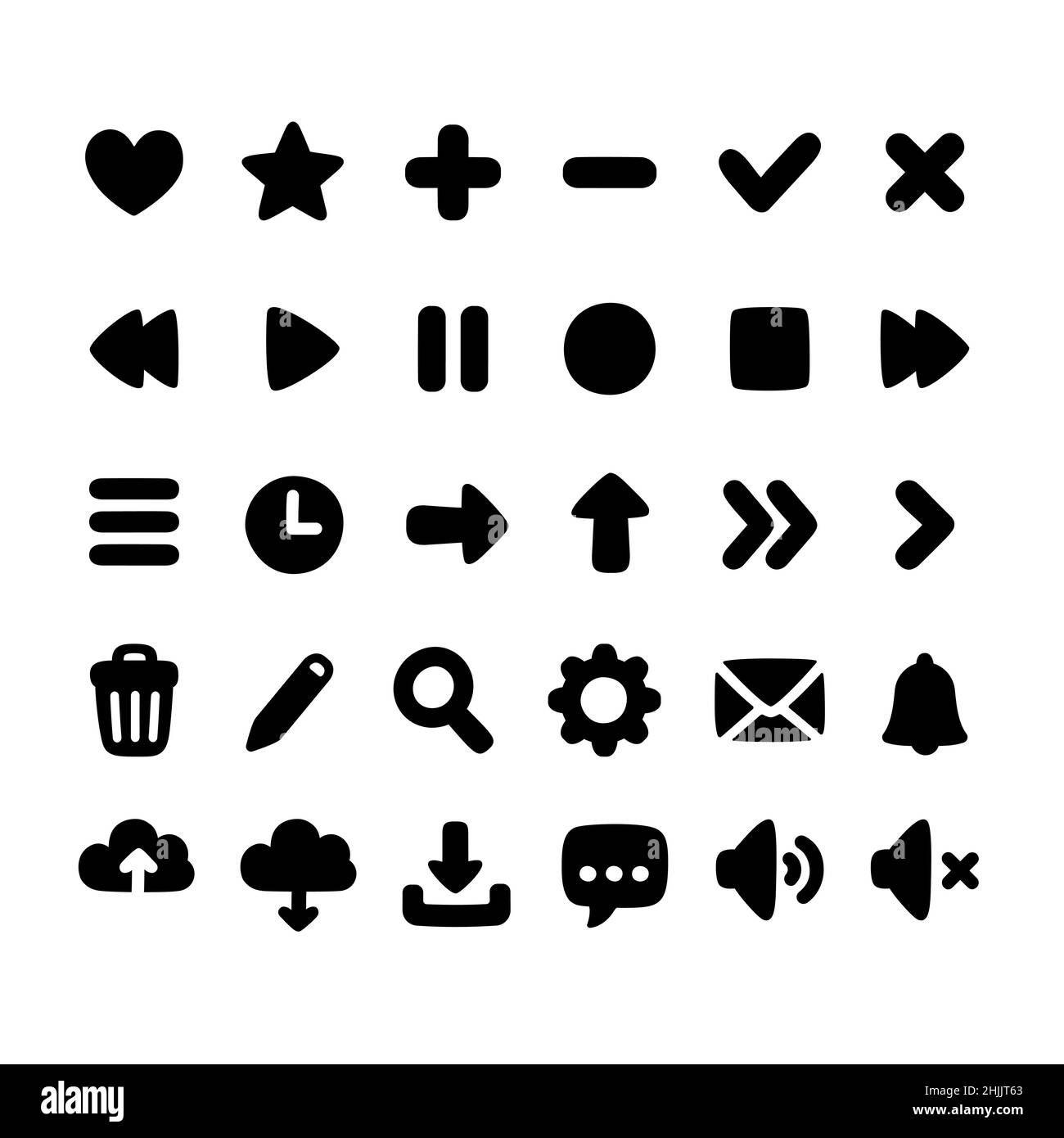 Ensemble d'icônes d'interface de dessin animé dessinées à la main pour le Web, l'application ou le jeu.Simple et mignon, style arrondi.Navigation, multimédia, réglages. Illustration de Vecteur