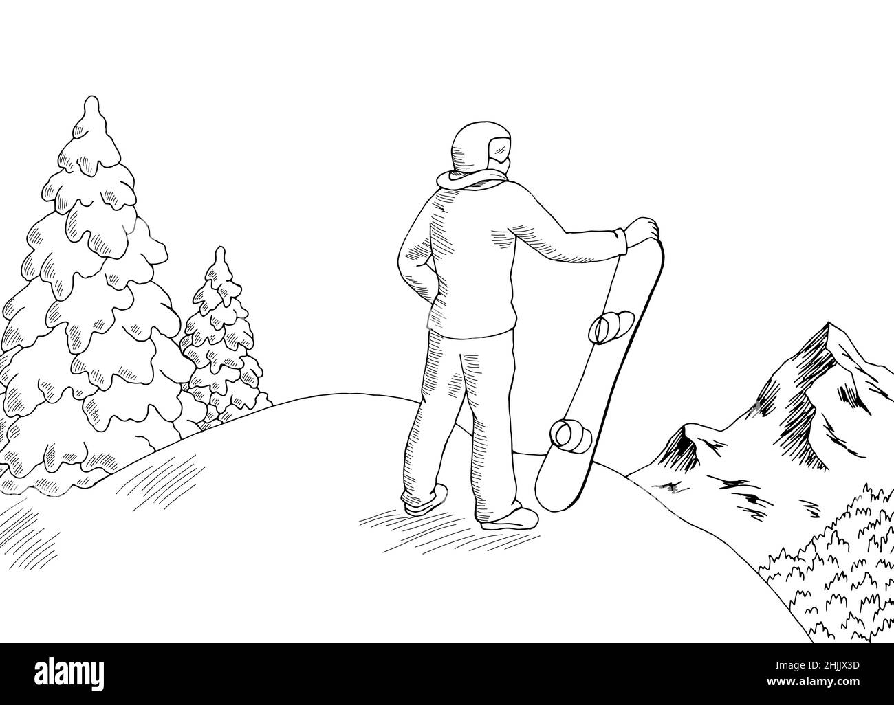 Snowboardeur debout sur la colline regardant les montagnes graphique noir blanc paysage dessin illustration vecteur Illustration de Vecteur