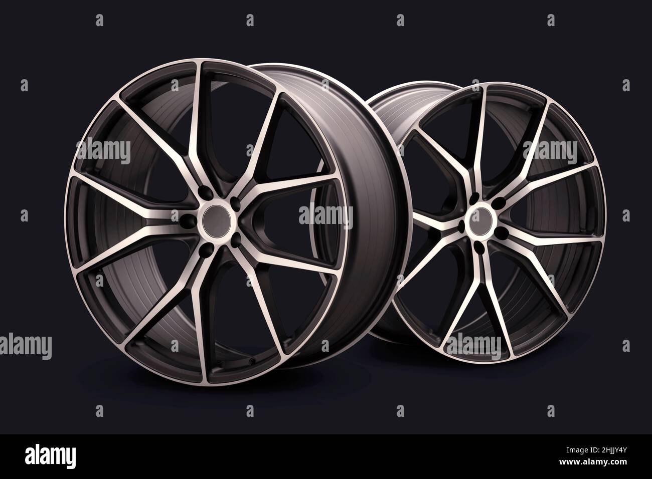 de nouvelles roues sport stylées en alliage forgé de 22 de diamètre sur fond noir, une belle jante et de fines rayons cool roues. Banque D'Images