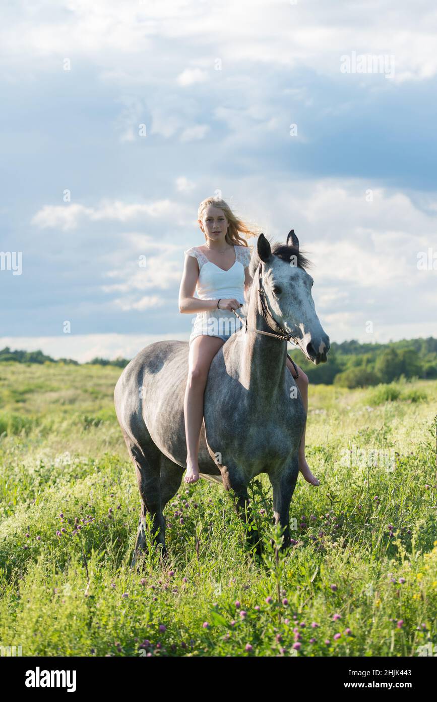 Yong blonde fille à cheval gris dans le paysage. Banque D'Images