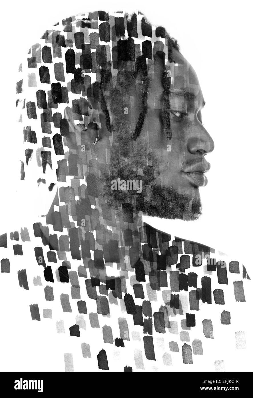 Portrait d'un homme combiné à des traits peints à la main.Peinture. Banque D'Images