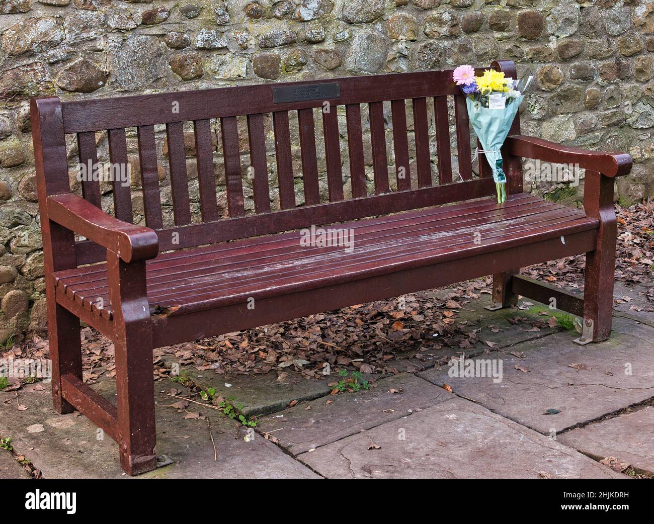 Fleurs sur un banc en bois Banque D'Images