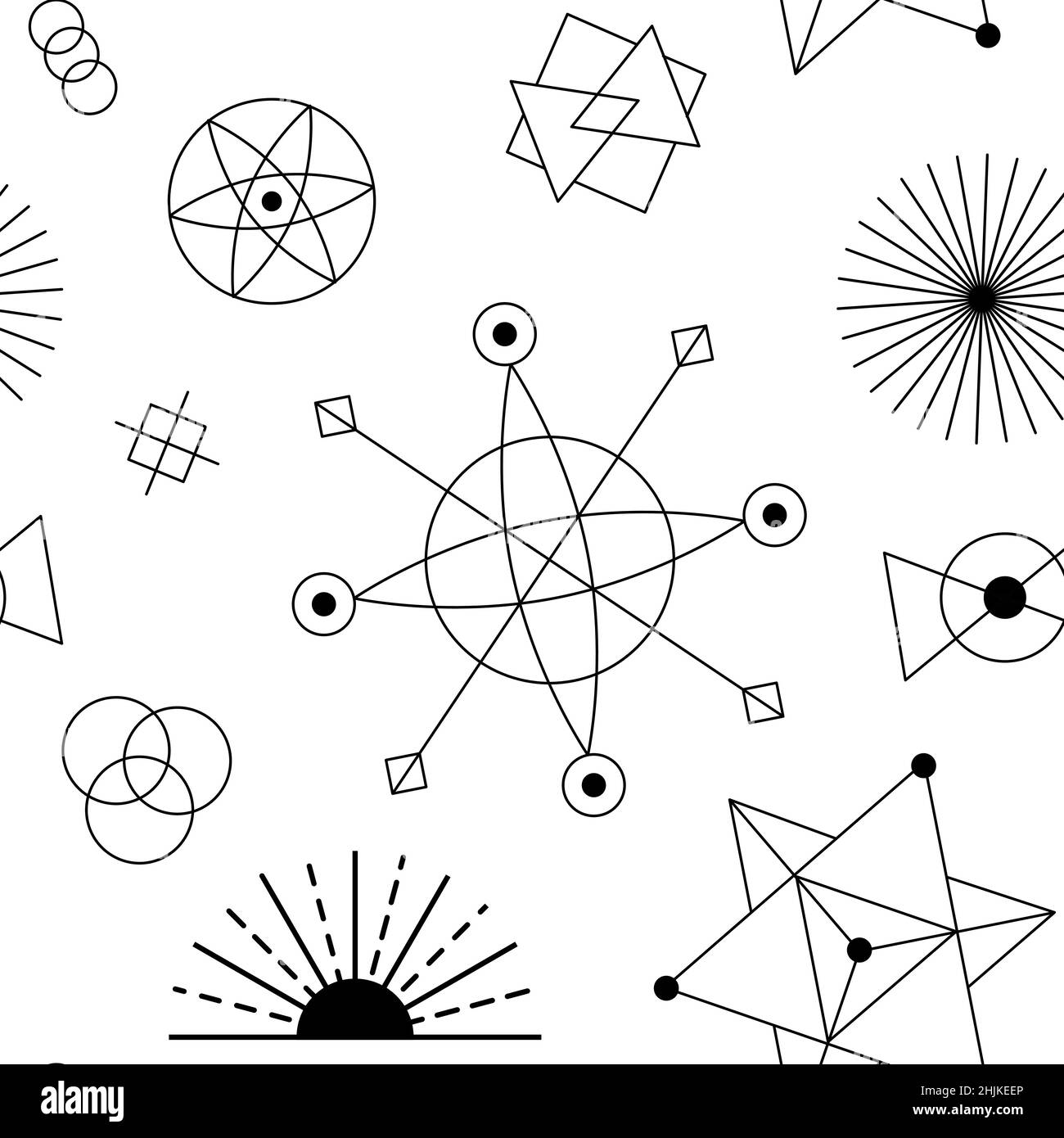 Arrière-plan du motif céleste.Texture d'astrologie sacrée sans couture avec formes géométriques du soleil, de la lune et du noir cosmique Illustration de Vecteur