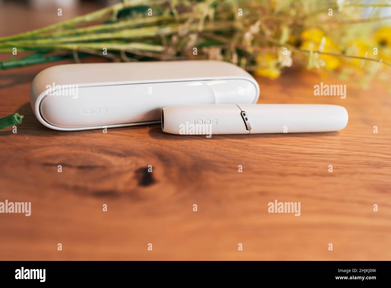 IQOS, un systme de chauffage du tabac par Philip Morris - technologies des  produits du tabac - feuilles hybrides cigarette sur fond de bois Photo  Stock - Alamy
