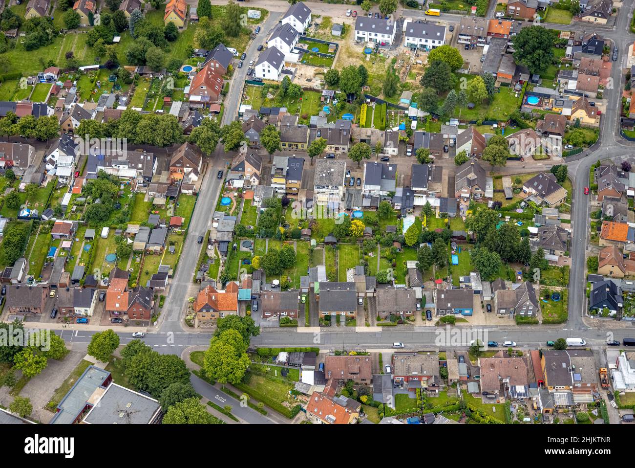 Vue aérienne, vue locale Bockum-Hövel et maison résidentielle avec jardin et piscine à Körnerstraße, Bockum-Hövel, Hamm, Ruhrgebiet, Nordrhein-WE Banque D'Images