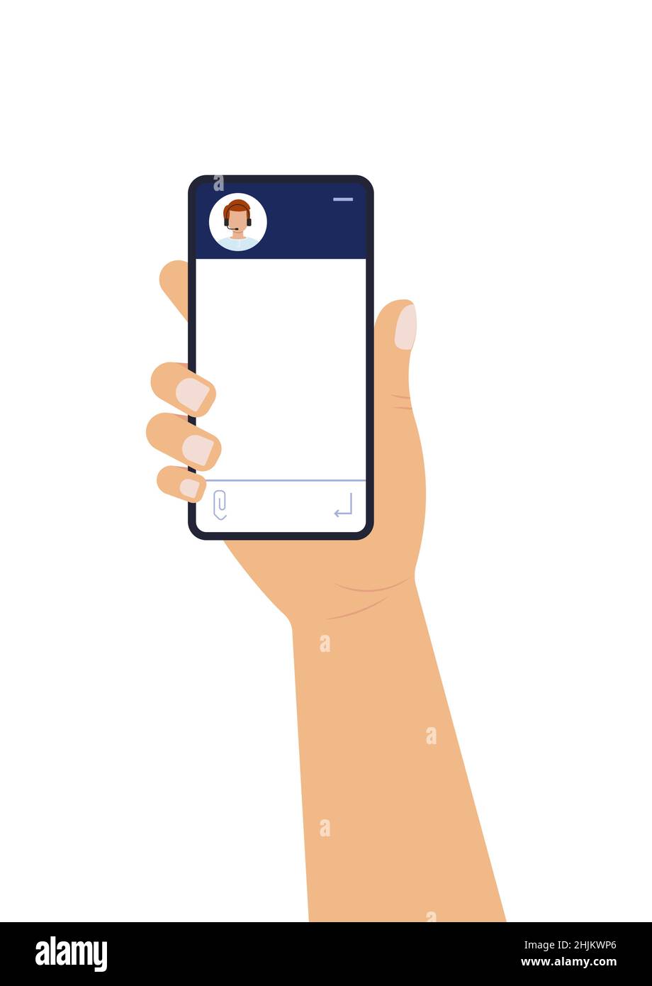 Tchat bot Dialoge fenêtres avec homme dans le casque sur l'écran du smartphone plat design icône. Illustration de Vecteur