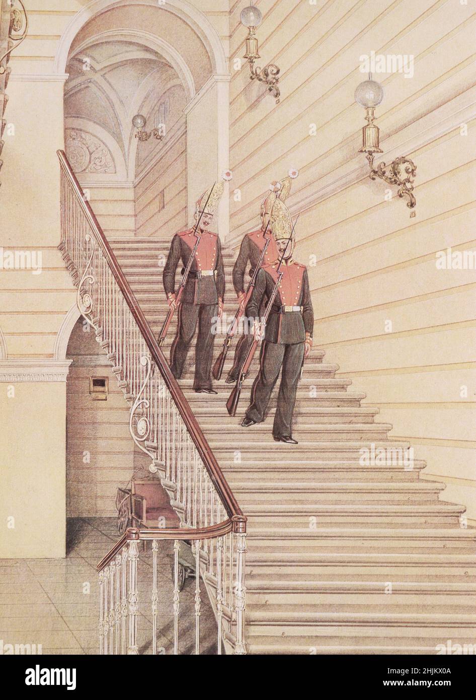 Gardes du régiment Pavlovsky au Palais d'hiver de Saint-Pétersbourg. Peinture de 1869. Banque D'Images