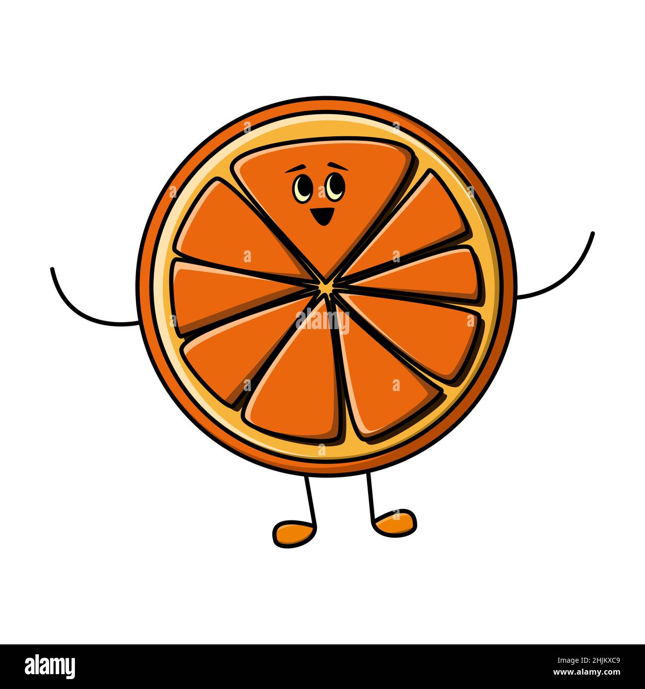 Personnage orange amusant, style dessin animé pour les enfants.Mascotte aux agrumes juteux avec un joli visage pour le jus de vitamine d'été Illustration de Vecteur