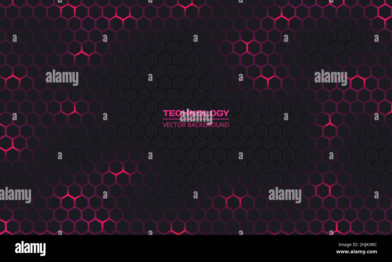 Fond abstrait vectoriel de technologie hexagonale gris foncé.L'énergie lumineuse rose clignote sous l'hexagone dans le vecteur d'arrière-plan de la technologie futuriste moderne Illustration de Vecteur