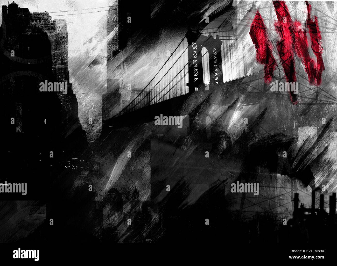 Peinture surréaliste.Pont de Manhattan en noir et blanc.3D rendu Banque D'Images