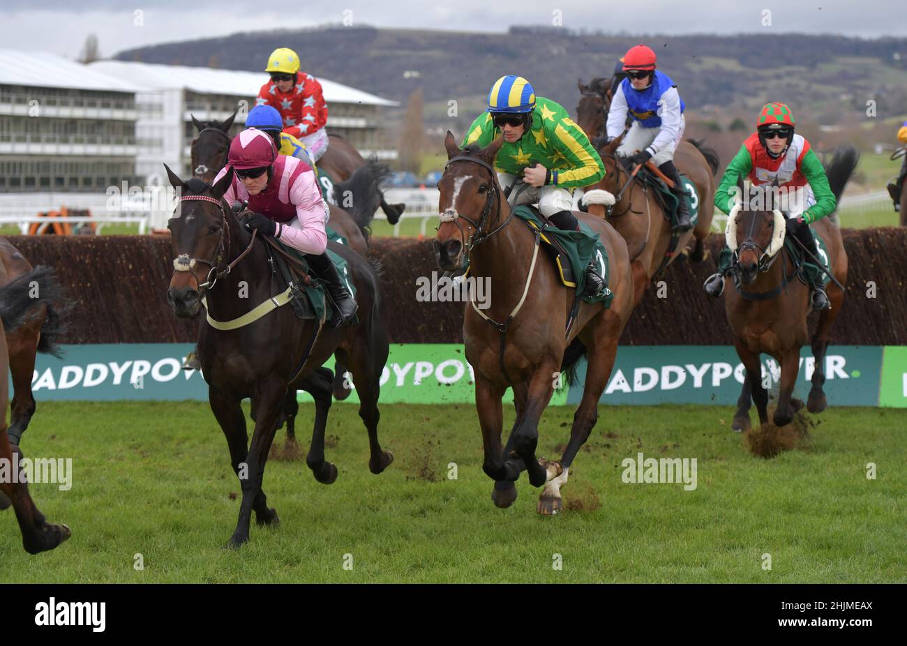 Course au champ de courses de Cheltenham, Prestbury Park, le jour des essais du festival en janvier, avant le festival de la coupe d'or de Cheltenham en mars. Quatrième course 1. Banque D'Images
