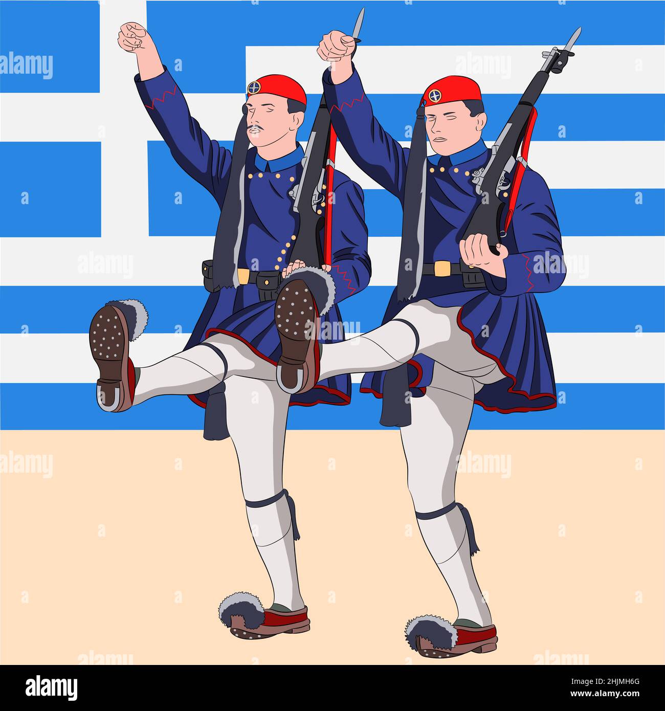 Deux soldats de la Garde grecque en uniforme traditionnel avec carabines sur fond de drapeau national.Illustration vectorielle. Illustration de Vecteur