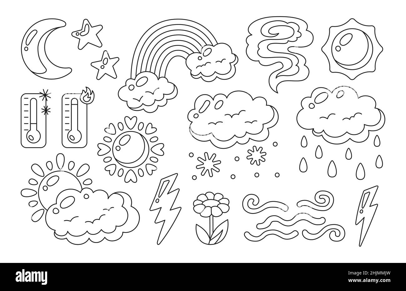 Ensemble de lignes de caniche météo.Soleil et nuages, pluie ou neige, foudre, lune et étoile, thermomètre.Signe graphique graphique météorologique climatique tracé à la main linéaire.Collection amusante de météo pour la nature enfantine Illustration de Vecteur