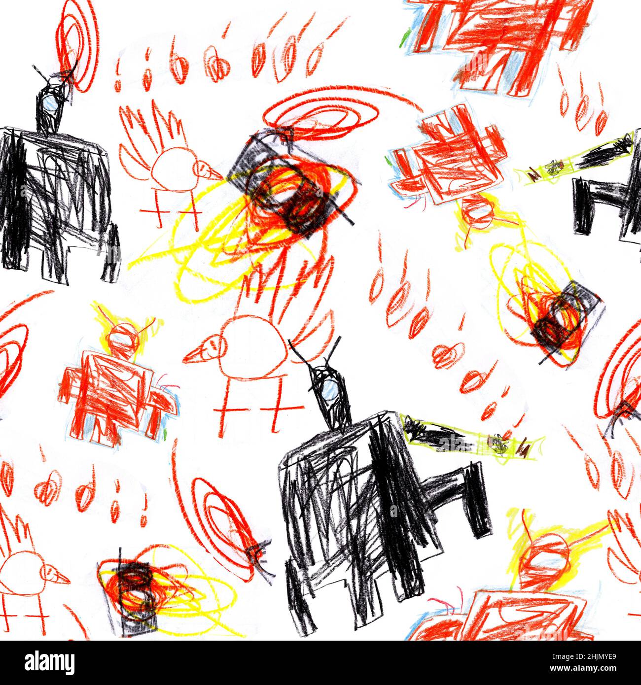 Motif griffé sans coutures avec robots rouges. Texture tendance créative pour le tissu, l'emballage, le textile, le papier peint et les vêtements. Crayon de couleur dessiné à la main Banque D'Images