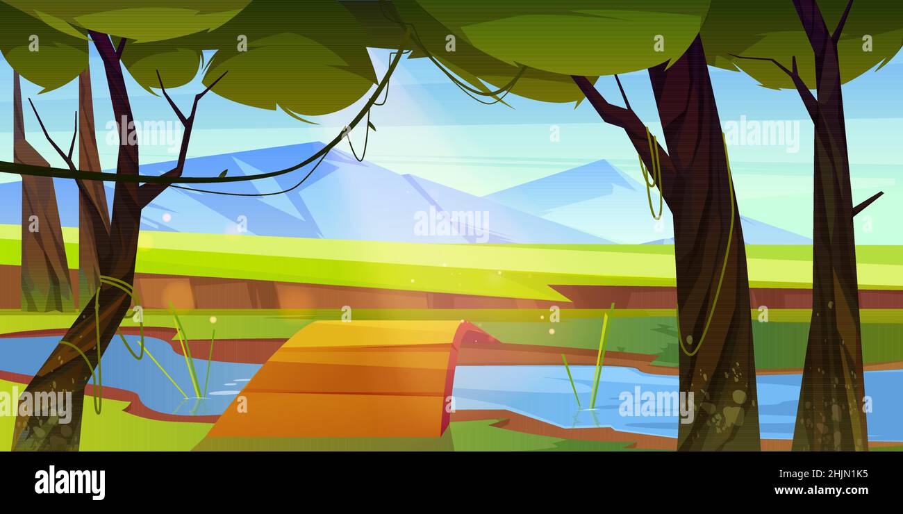 Forêt d'été avec rivière, pont en bois et montagnes à l'horizon.Illustration vectorielle du paysage de la jungle avec des arbres, des lianes, des ruisseaux, des vallées verdoyantes et des rochers Illustration de Vecteur