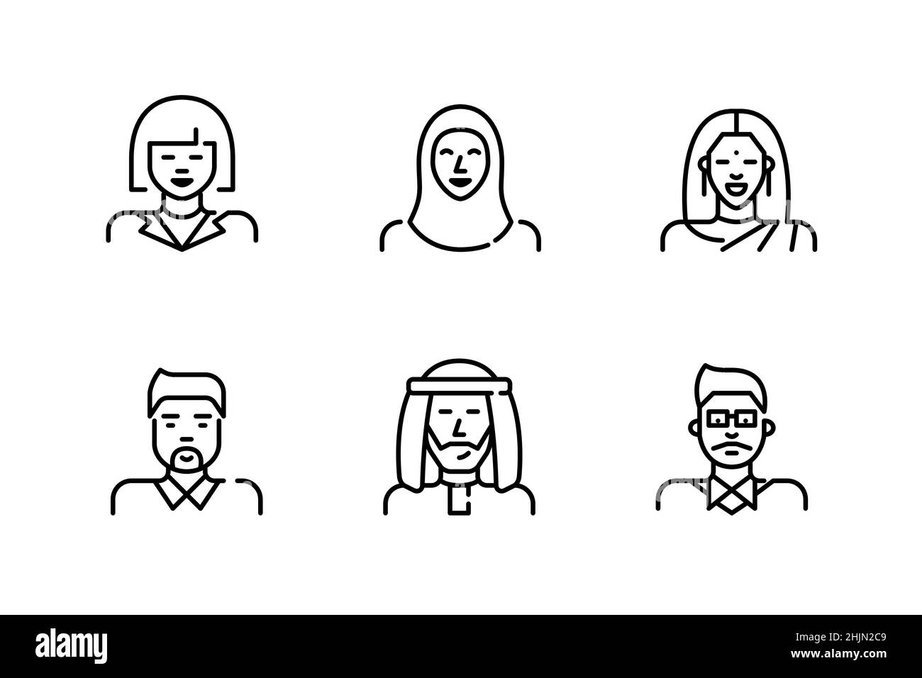 Icônes d'avatar de dessin au trait.Les peuples asiatiques, y compris les Chinois, les Coréens, les Indiens et les Arabes, hommes et femmes.Pixel parfait, contour modifiable Illustration de Vecteur