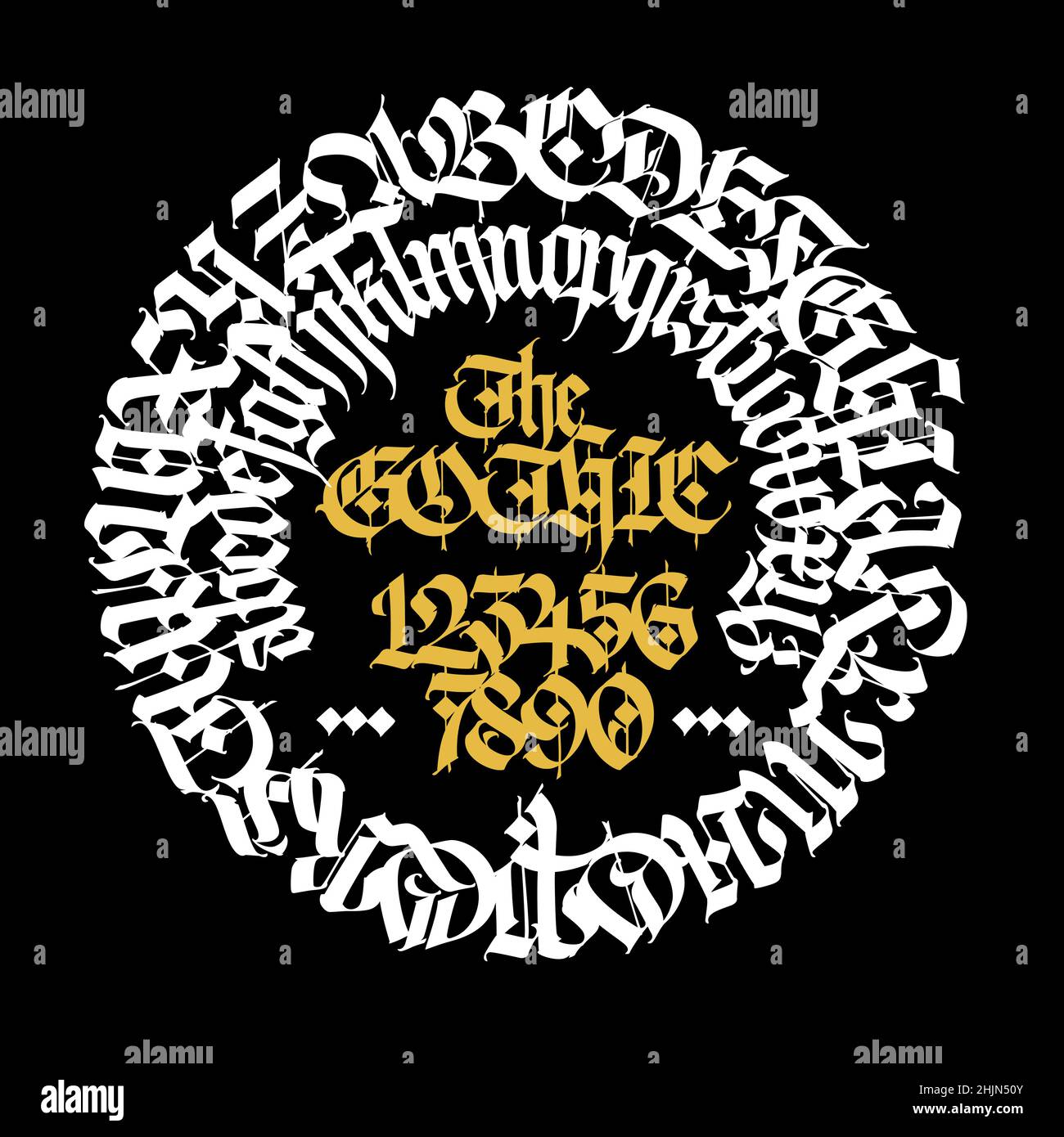 Motif, ornement de style gothique.Vecteur.Police gothique ancienne germanique.Alphabet avec chiffres.Lettres latines médiévales dans un cercle.Calligraphie et le Illustration de Vecteur